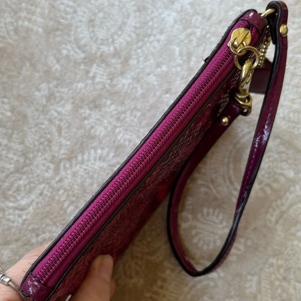 COACH Leather Zippered Wristlet Snakeskin Raspberry Pink Embossed Python Exotic